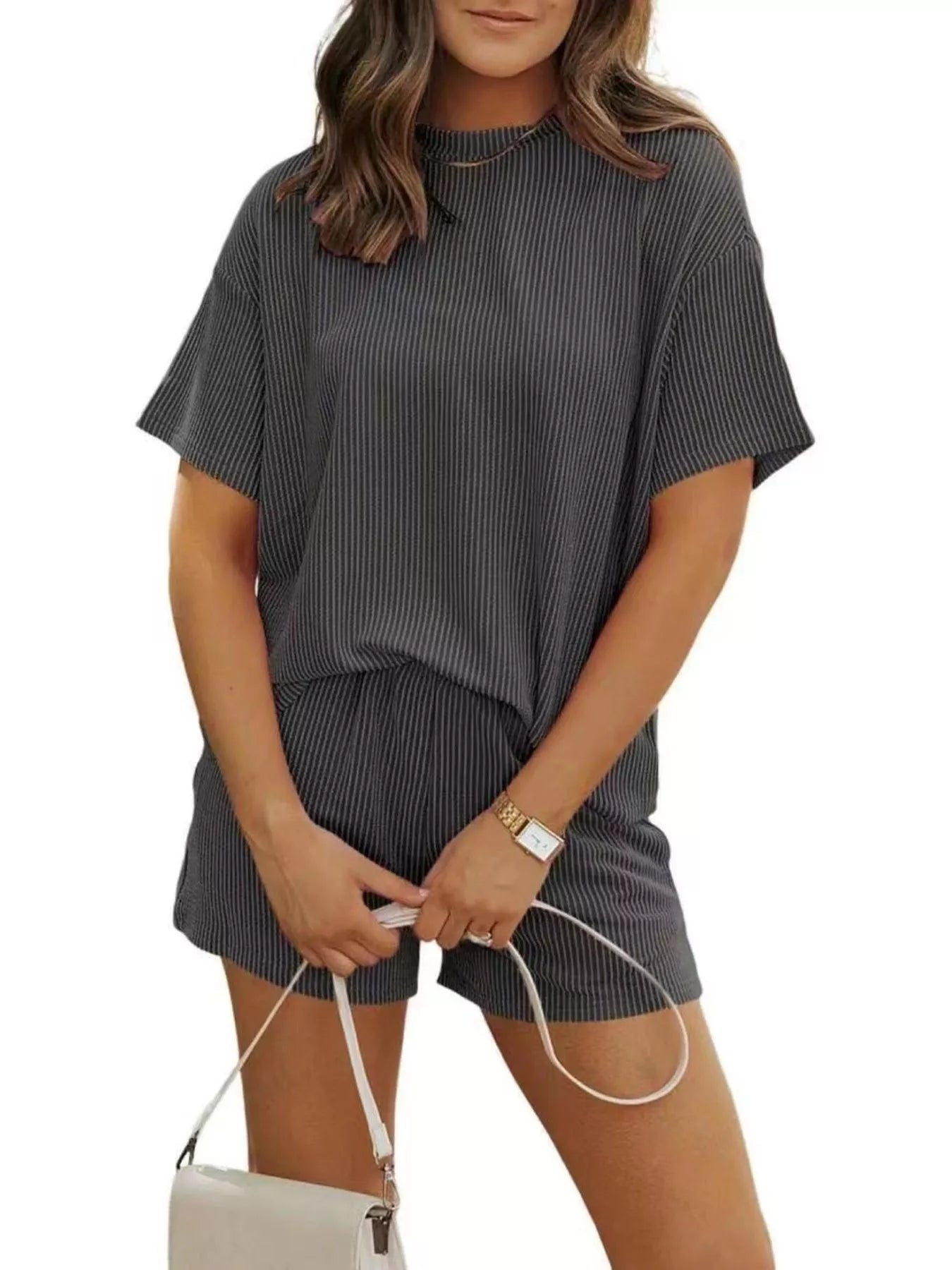 Ribbed Short Sleeve Top and Shorts Two-Piece Set Plus Size in Army Green for Women