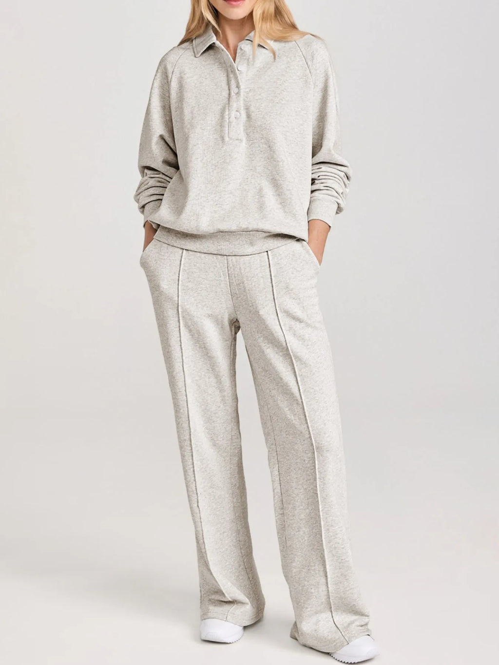Collared Sweatshirt and High Waist Pants Active Set in Light Gray for Women