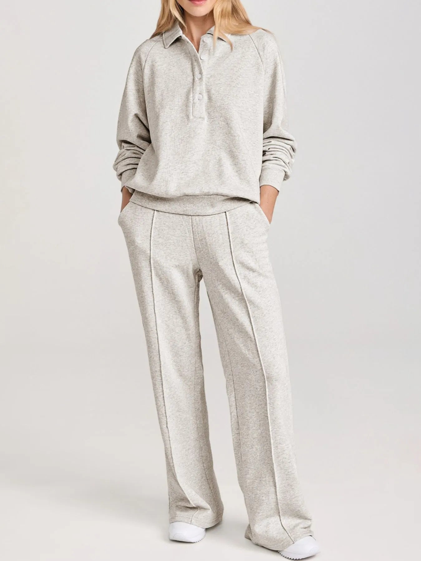 Collared Sweatshirt and High Waist Pants Active Set in Light Gray for Women