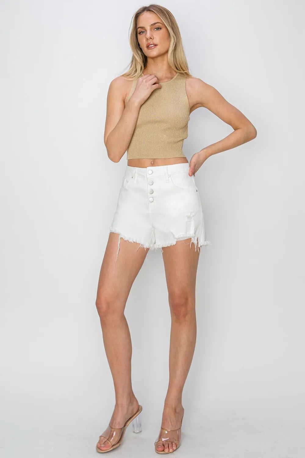 Button Fly Frayed Hem Denim Shorts for Women