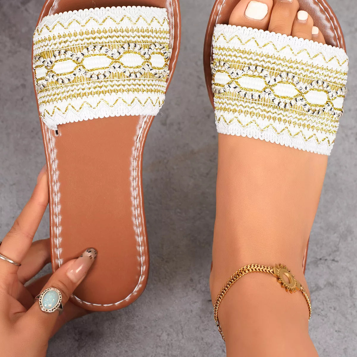 Open Toe Flat Sandals in White for Women