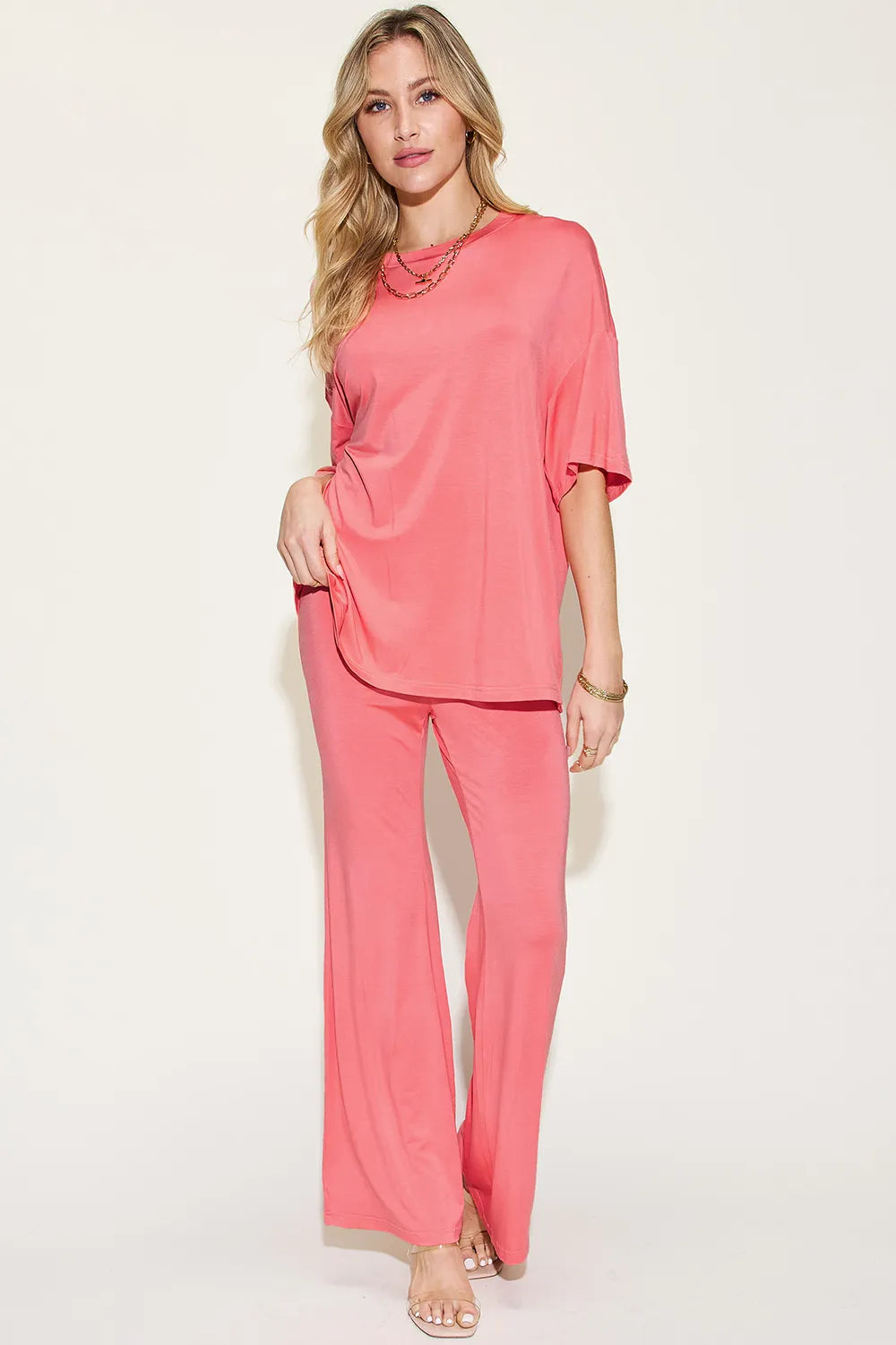 Plus Size Bamboo Drop Shoulder T-Shirt and Flare Pants Set in Black for Women