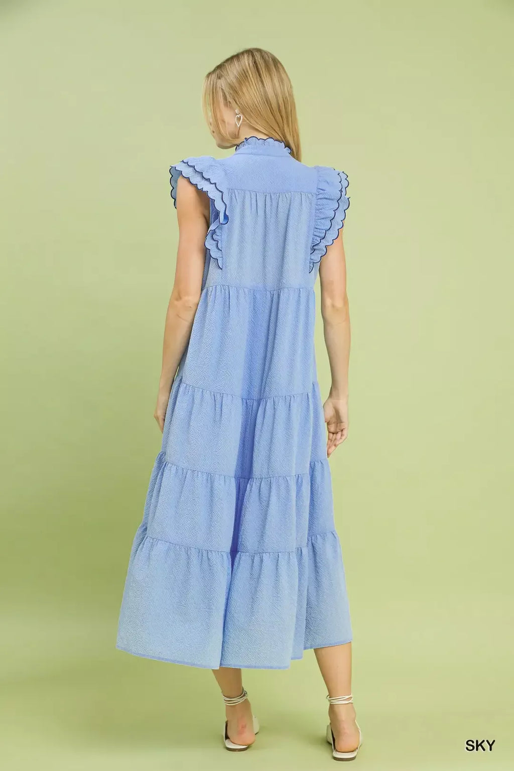 Seersucker Ruffle Sleeve Tiered Midi Dress in Sky for Women