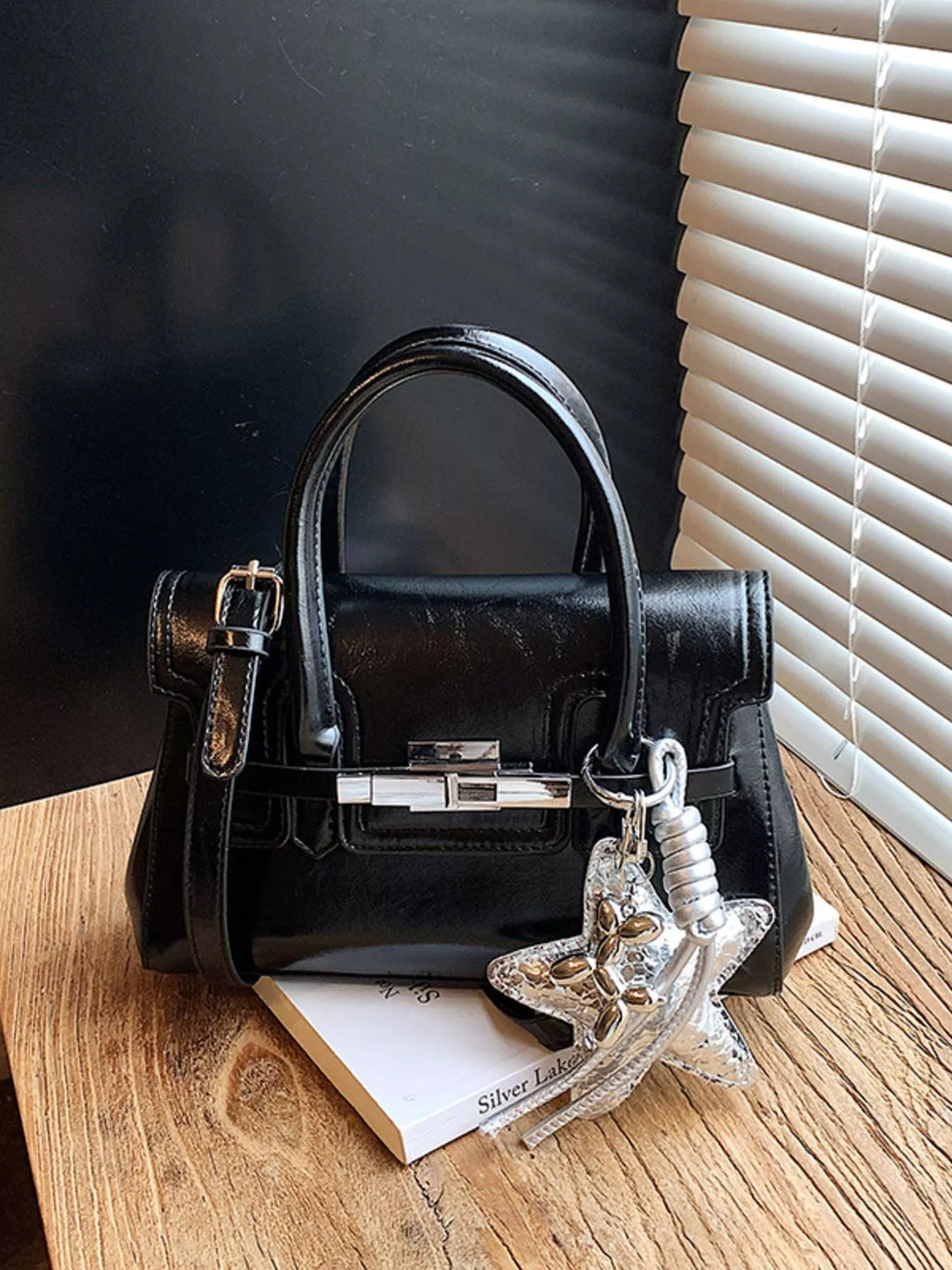 Leather Top Handle Crossbody Bag in Black for Women