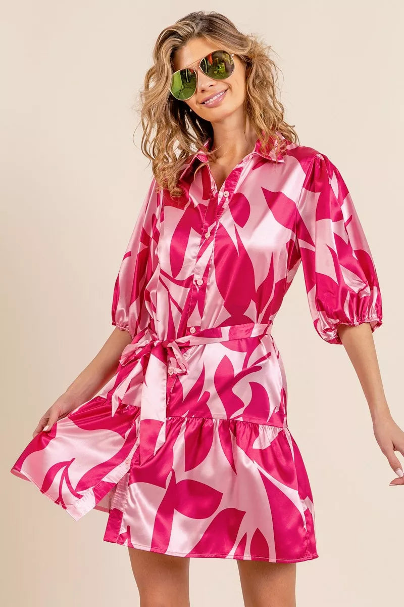 Leaf Pattern Collared Satin Dress in Fuchsia Multi for Women