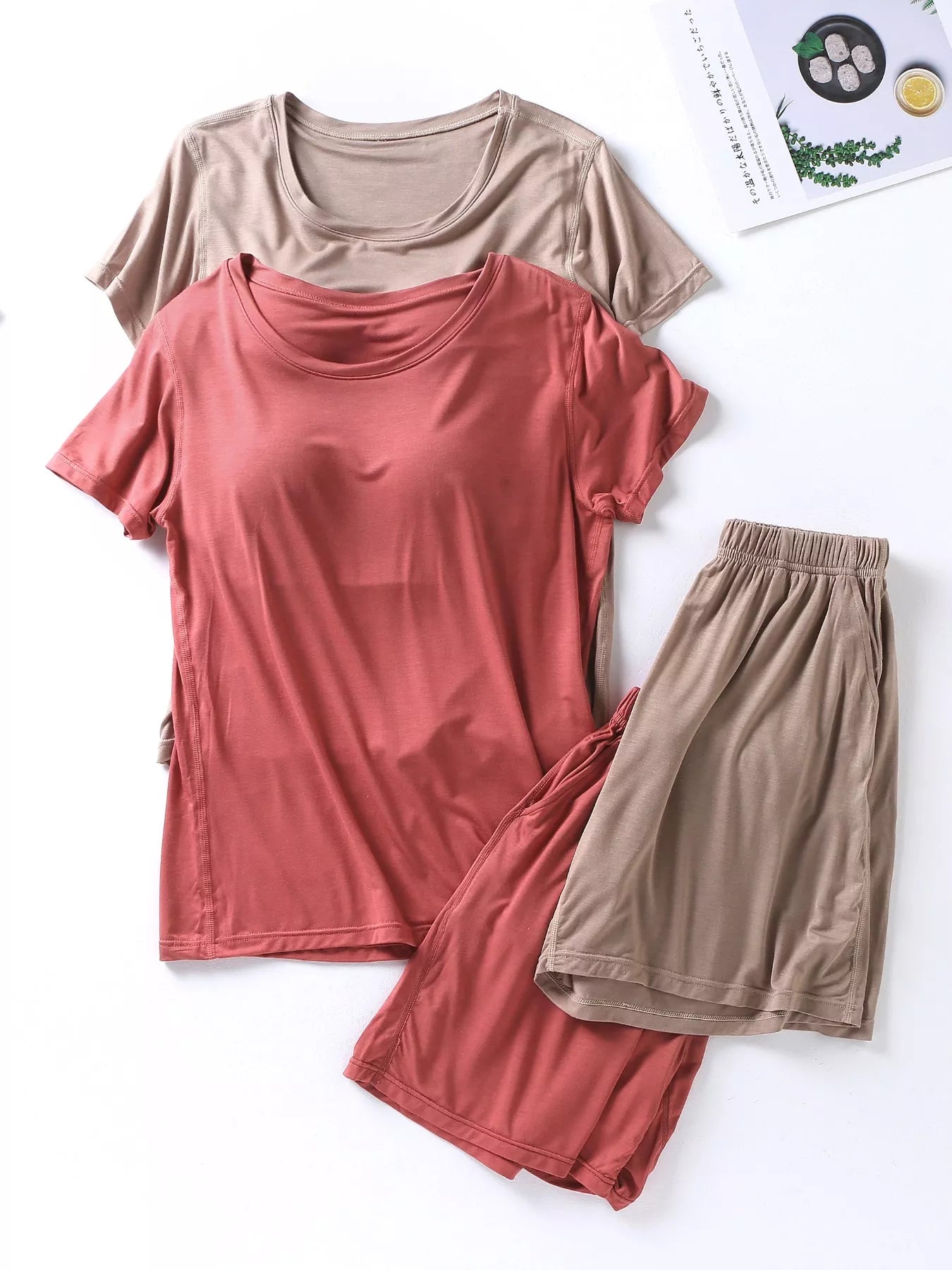 Plus Size Padded Round Neck Modal T-Shirt and Shorts Set in Advanced Gray for Women