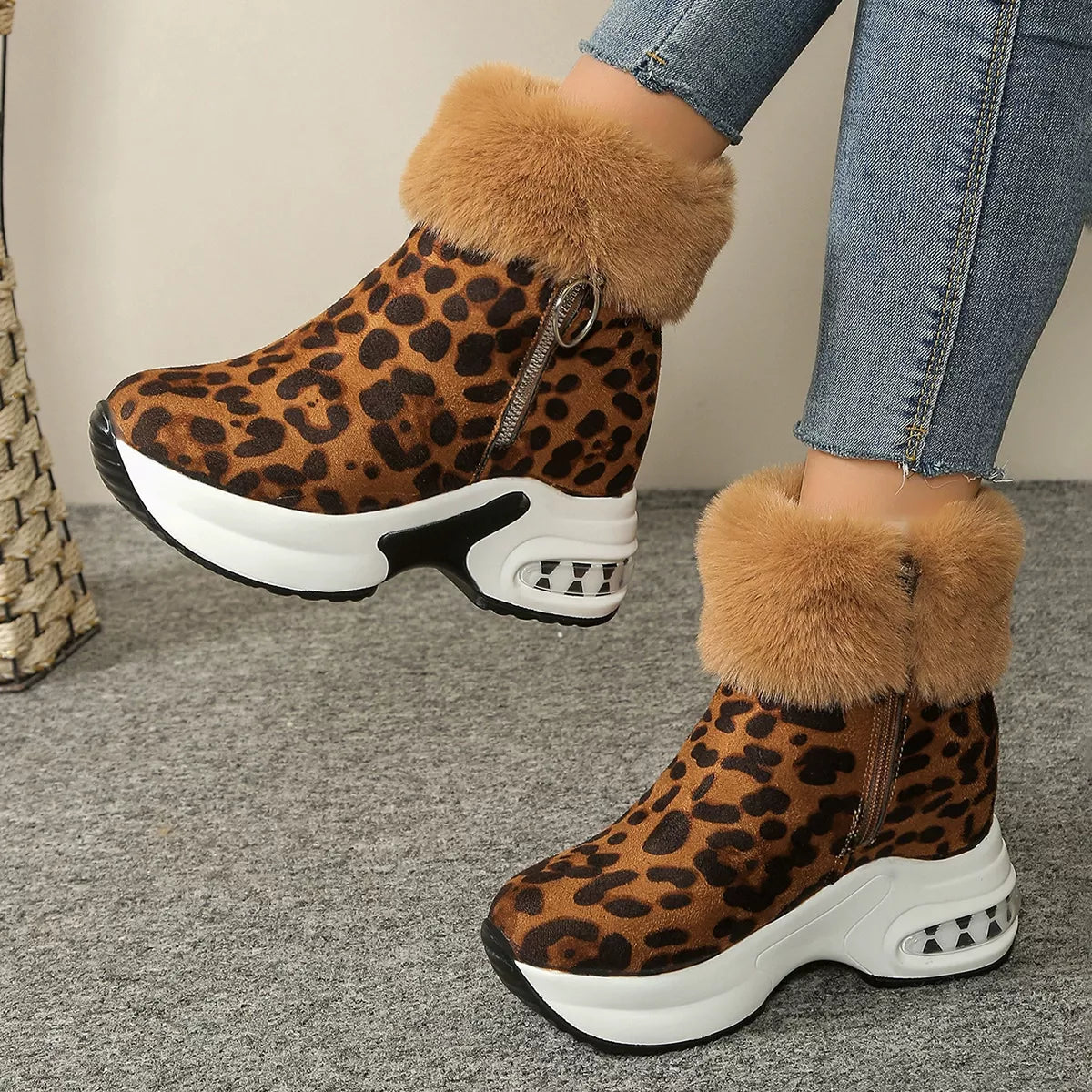 Fuzzy Side Zipper Platform Ankle Boots in Gray for Women