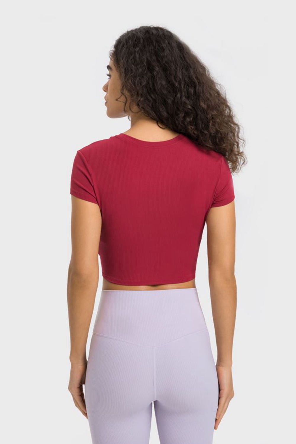Round Neck Short Sleeve Cropped Sports T-Shirt in Brown for Women