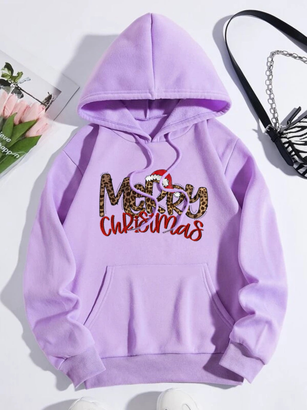 Merry Christmas Graphic Drawstring Hoodie in Blush Pink in Black for Women