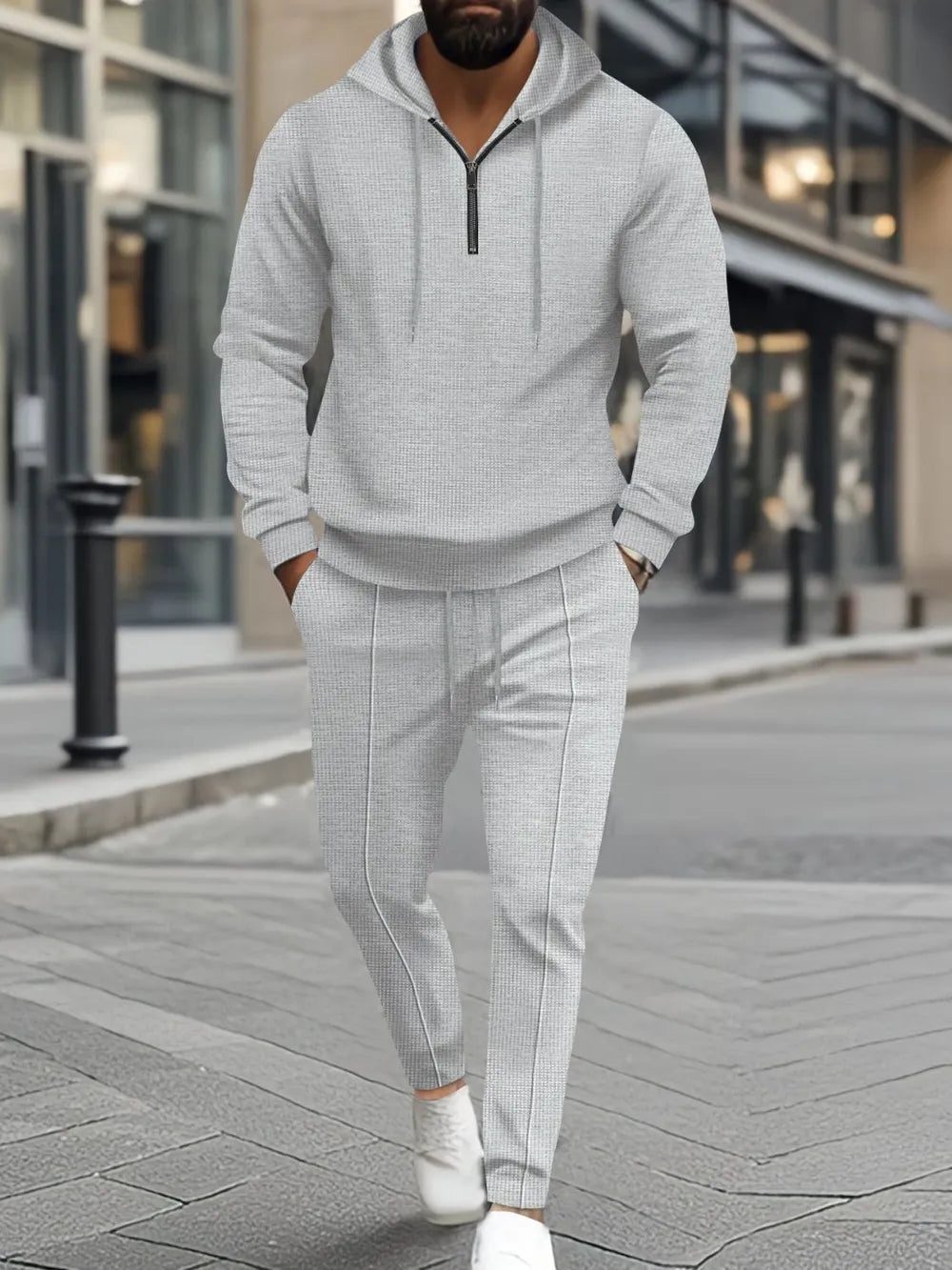 Waffle-Knit Half Zipper Hoodie and Pants Set Plus Size in Black for Men