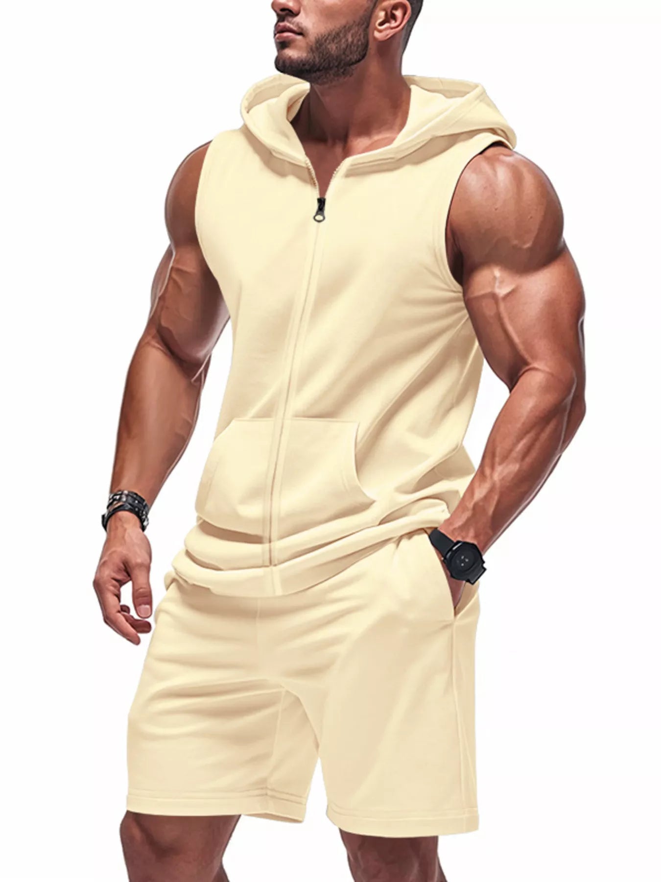 Zip Up Sleeveless Hoodie & Shorts Set Plus Size in Red for Men