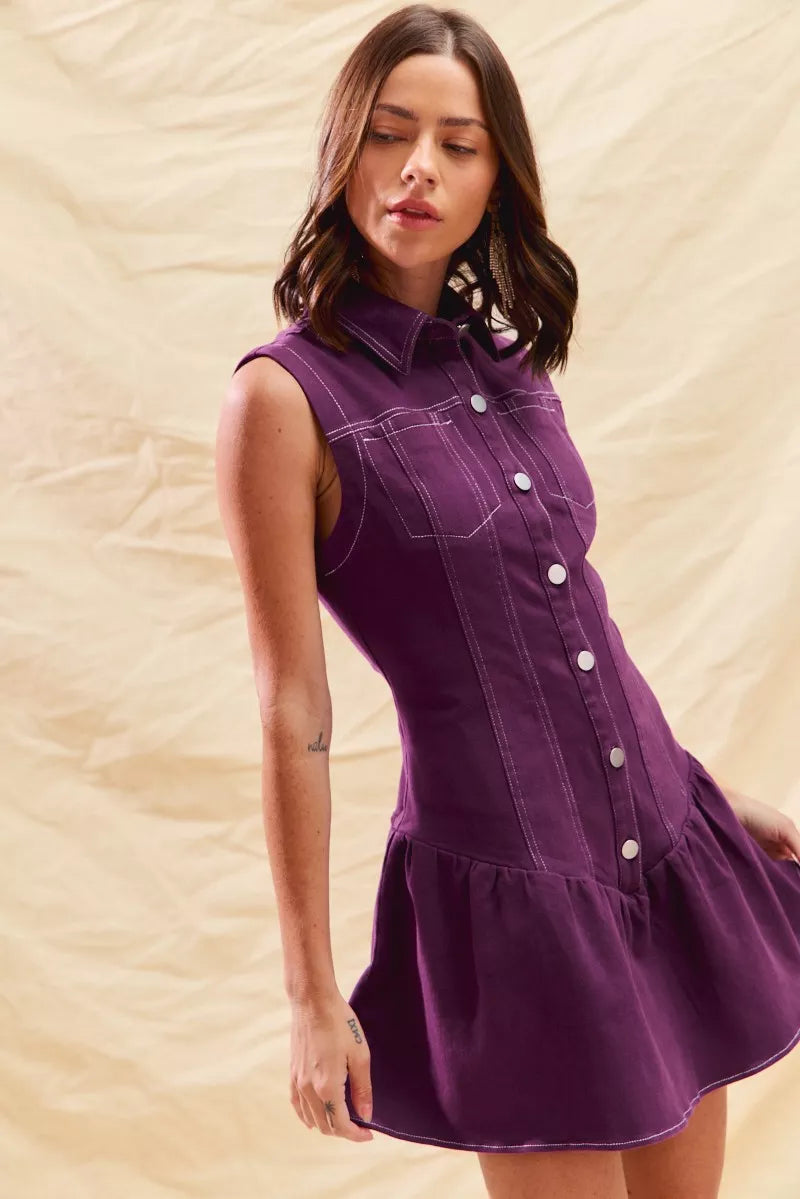 Button Down Sleeveless Collared Game Day Mini Dress in Purple for Women