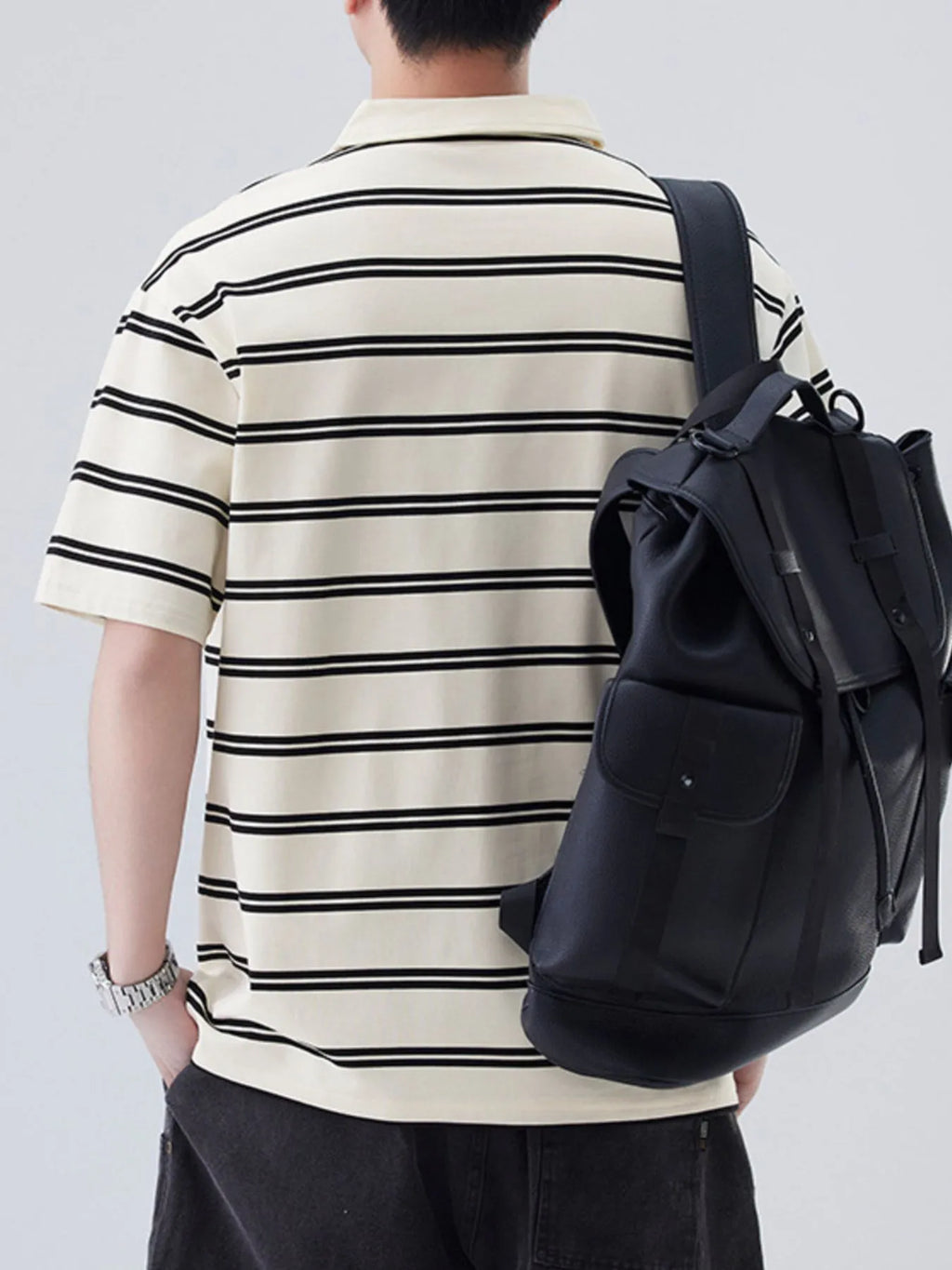 Plus Size Striped Half Sleeve Polo in Black for Men