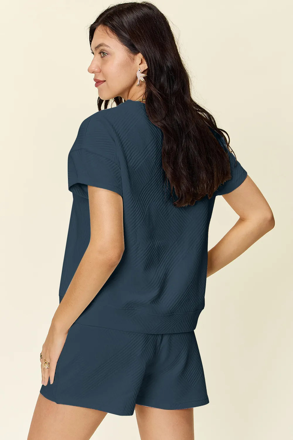 Plus Size Texture Short Sleeve T-Shirt and Drawstring Shorts Set in Mocha in Royal Blue for Women