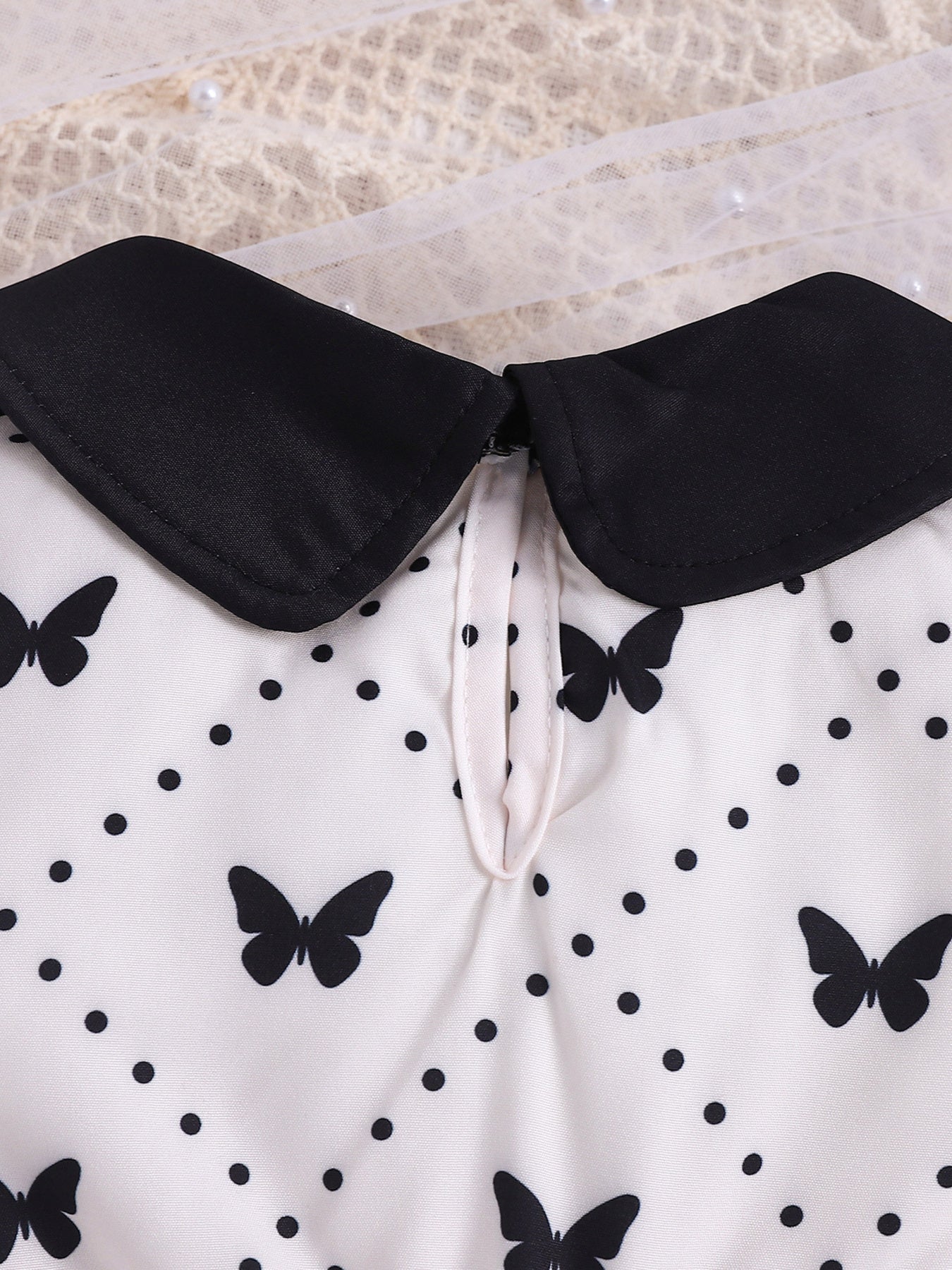 Butterfly Print Lace Trim Peter Pan Collar Dress in White for Girls