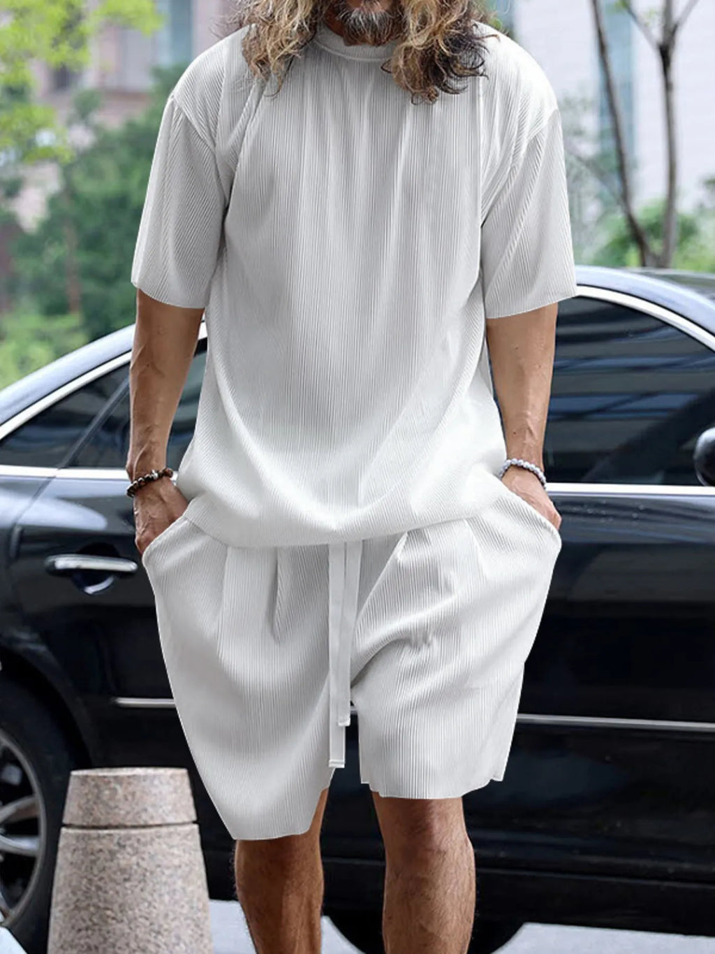 Round Neck Short Sleeve Top and Shorts Set Plus Size in White for Men