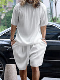 Round Neck Short Sleeve Top and Shorts Set Plus Size in White for Men