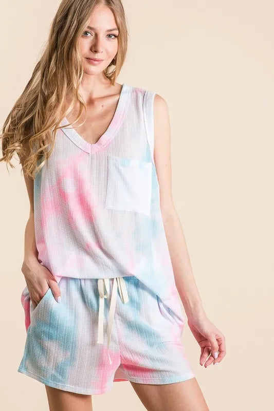 Tie Dye Textured Knit Top and Shorts Set in N.pink Blue Multi for Women