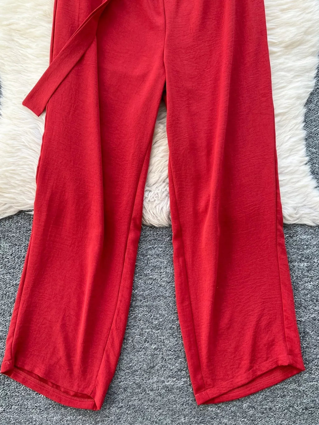 Red Button Front Wide Leg Jumpsuit for Women