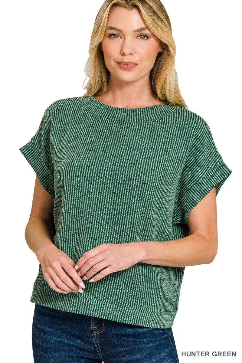 Raised Rib Cap Sleeve Top in Hunter Green for Women