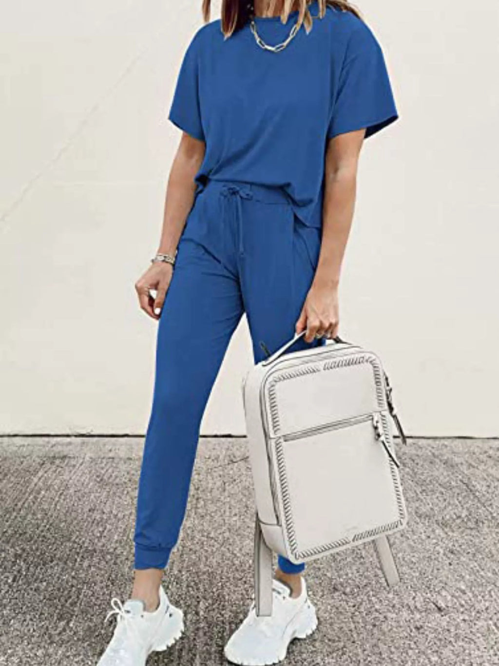 Round Neck Top and Drawstring Pants Set Plus Size in Black for Women