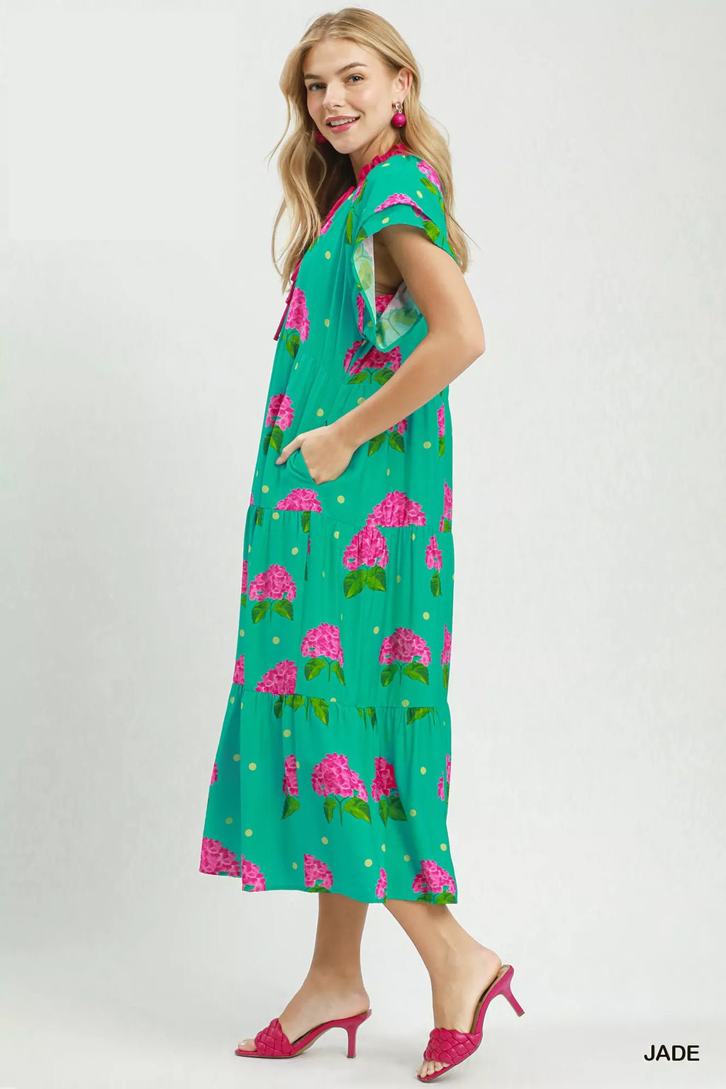 Hydrangea Print Tiered Midi Dress in Jade for Women