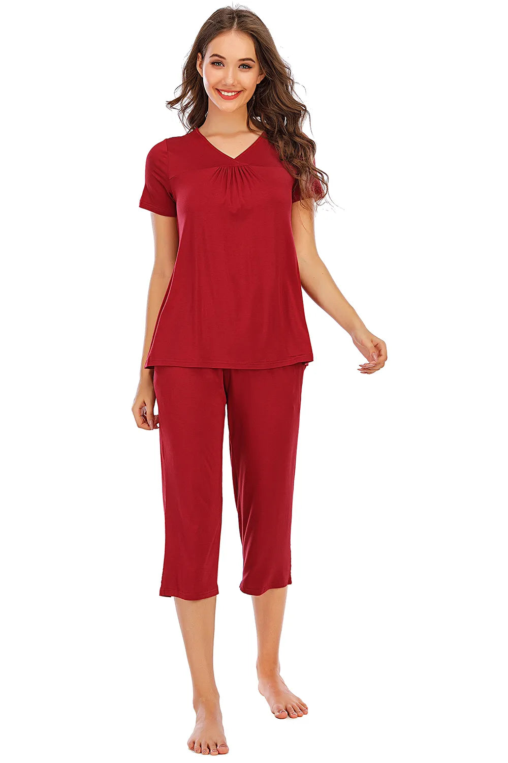 V-Neck Short Sleeve Top and Pants Lounge Set in Scarlet for Women