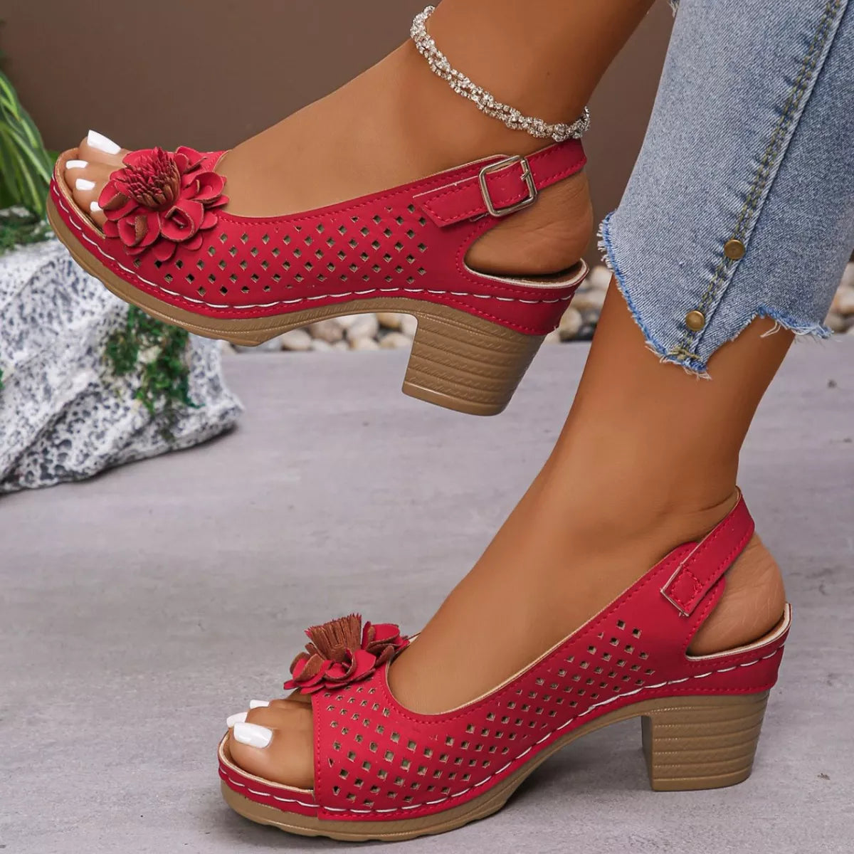 Floral Accent Block Heel Sandals in Red for Women
