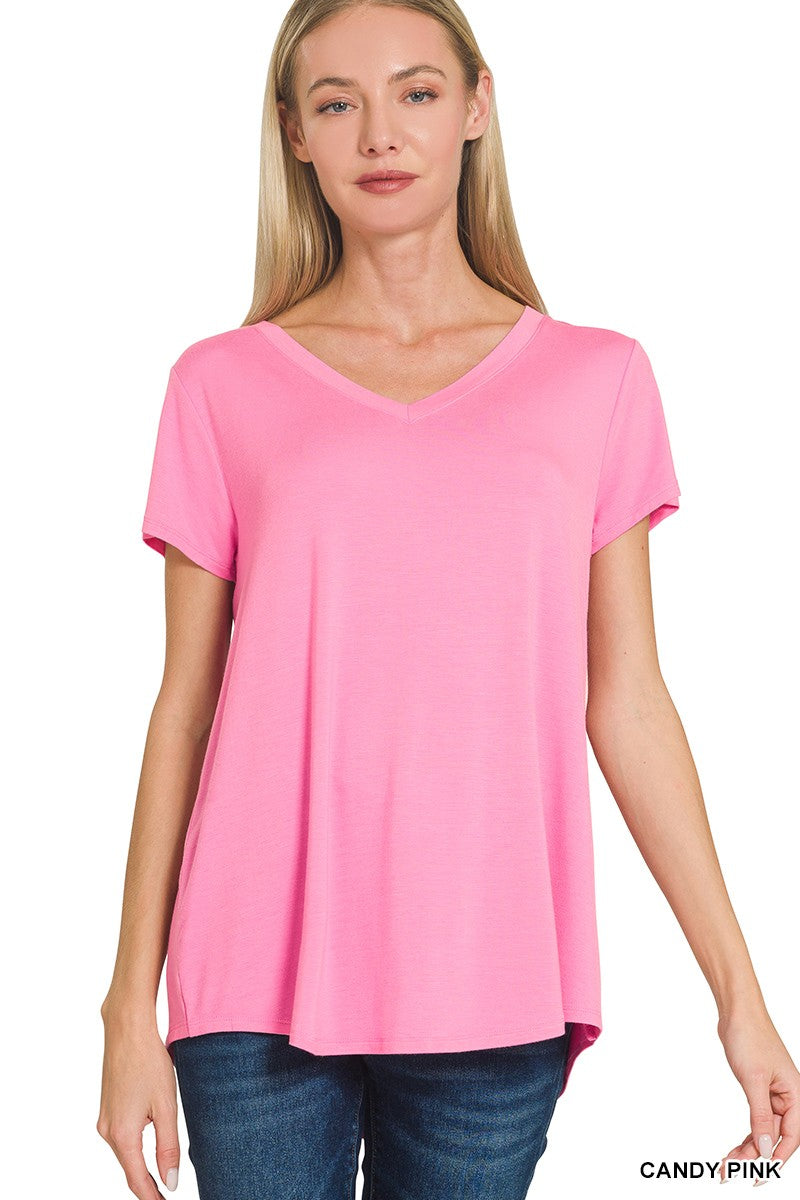 Rayon Short Sleeve V-Neck Round Hem Top in Candy Pink for Women