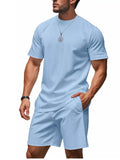 Casual Striped Top and Shorts Set Plus Size in Light Blue for Men
