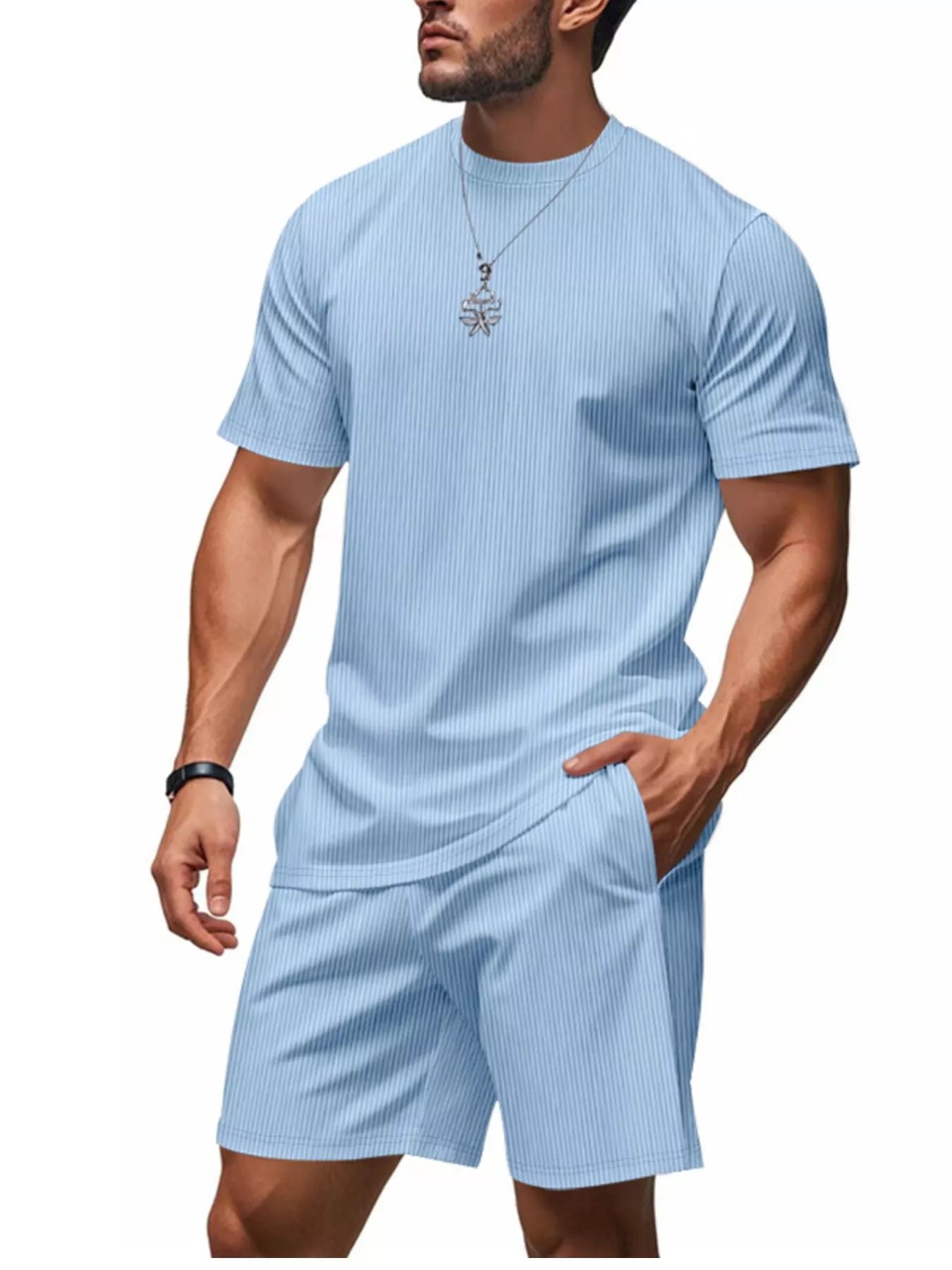 Casual Striped Top and Shorts Set Plus Size in Light Blue for Men