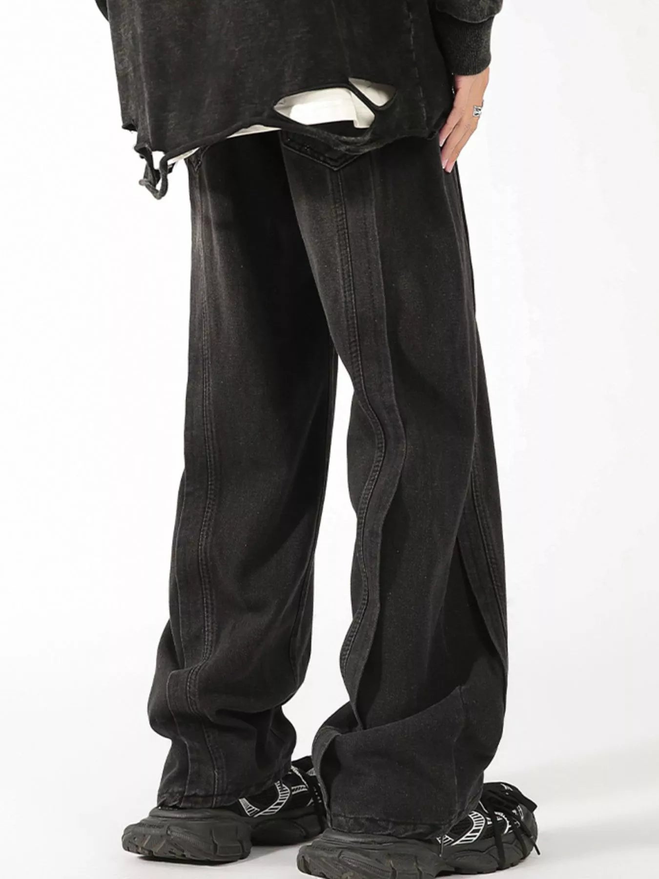 Plus Size Vintage Wash Wide Leg Jeans in Black for Men
