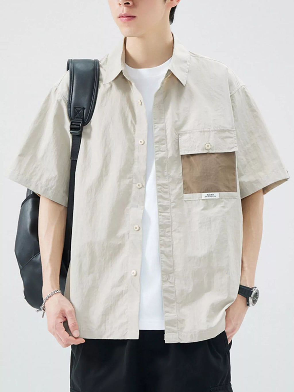 Plus Size Button Up Short Sleeve Shirt in Camel for Men