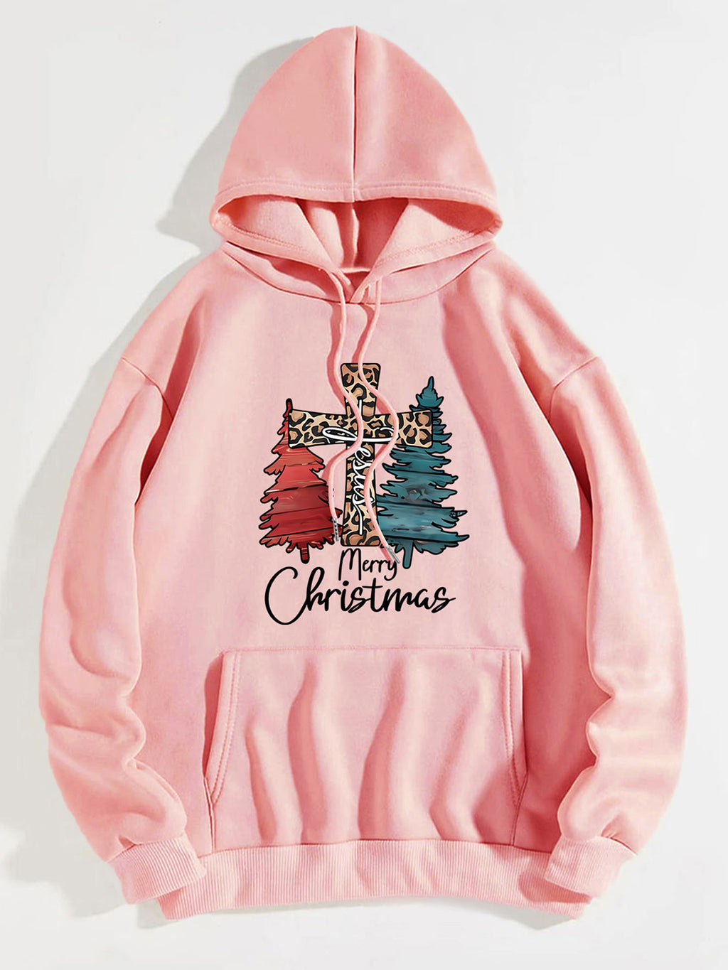 Merry Christmas Graphic Drawstring Hoodie in Chestnut in White for Women