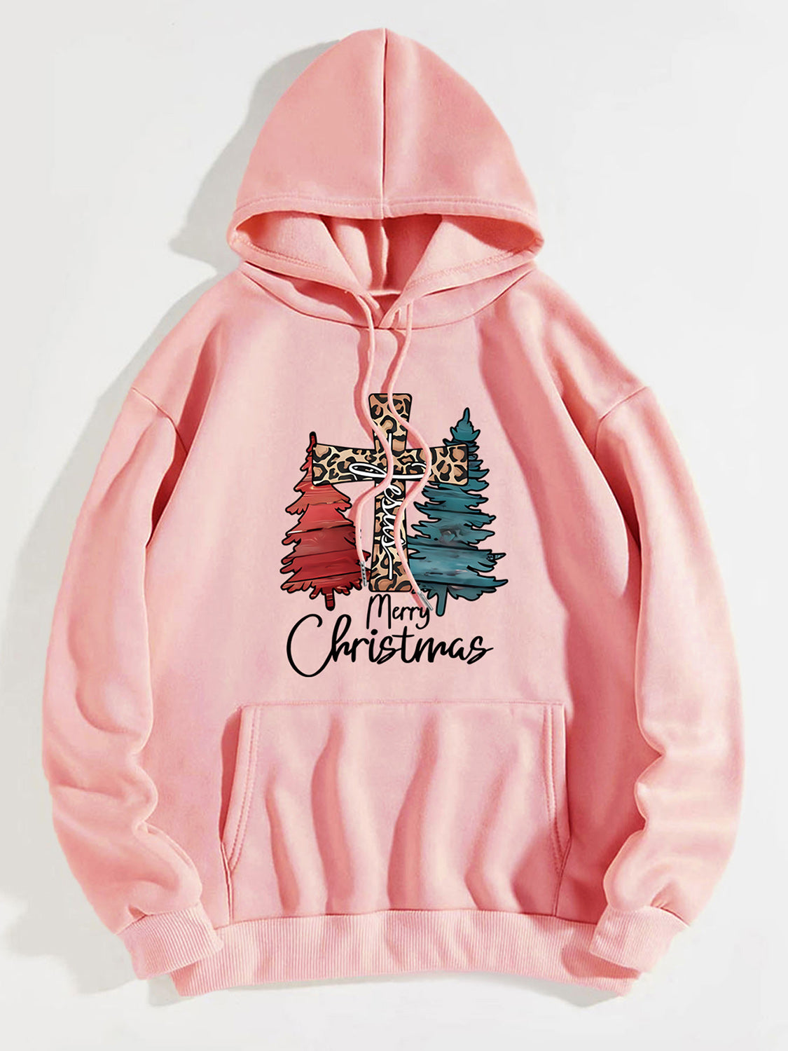 Merry Christmas Graphic Drawstring Hoodie in Chestnut in White for Women