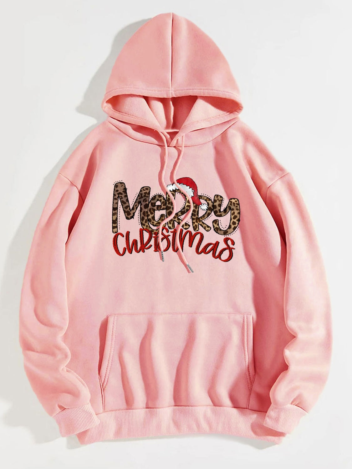 Merry Christmas Graphic Drawstring Hoodie in Blush Pink for Women