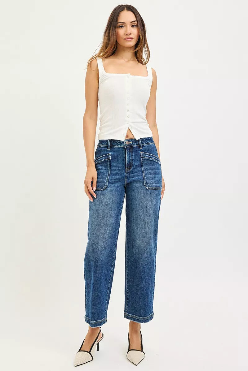 Slouchy Cropped Baggy Jeans with Front Patch Pocket in Dark for Women