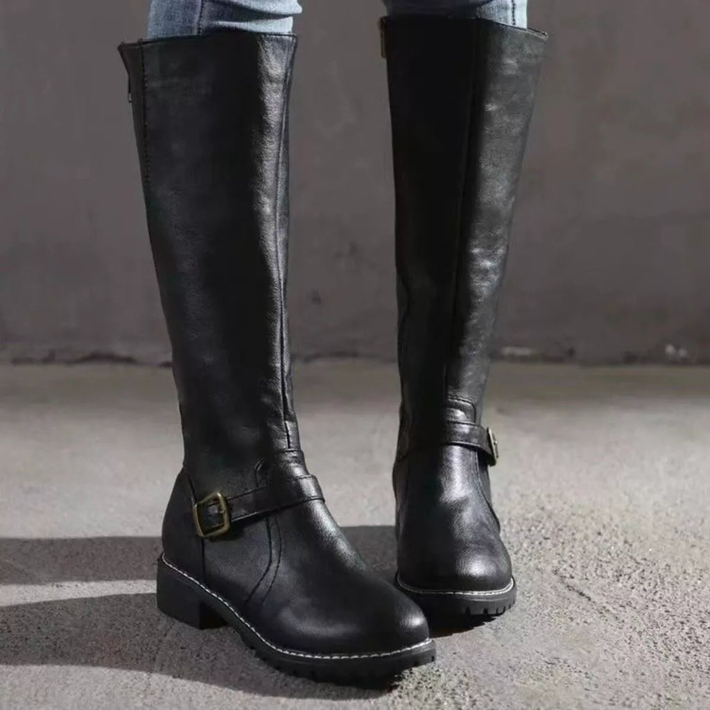 Round Toe Block Heels Boots in Yellow in Dark Brown for Women