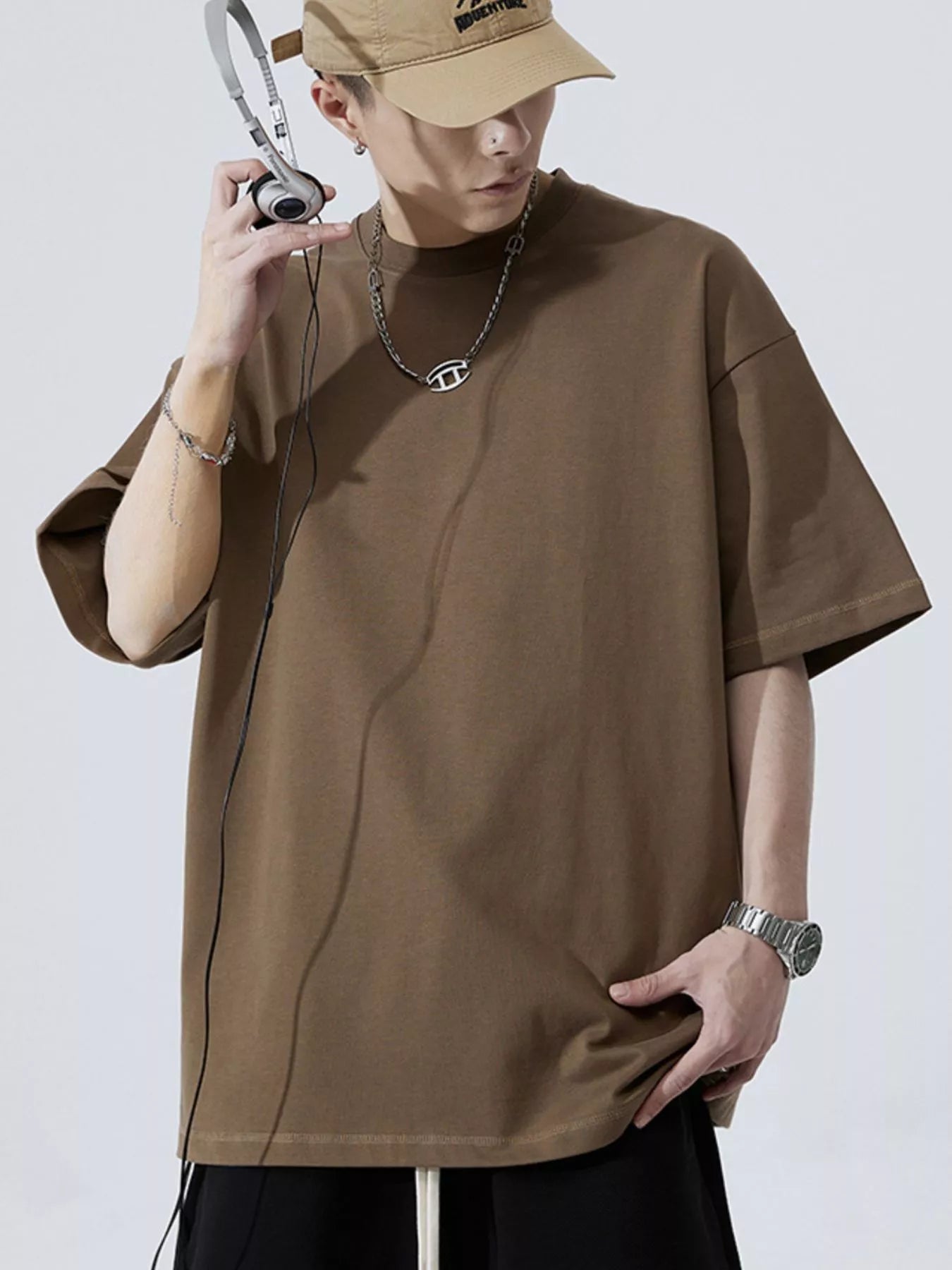 Round Neck Half Sleeve T-Shirt Plus Size in Brown for Men