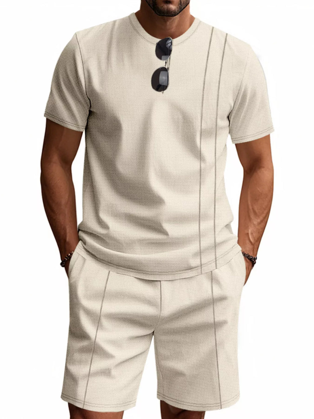 Casual Striped Short Sleeve T-Shirt and Shorts Set Plus Size in Khaki for Men