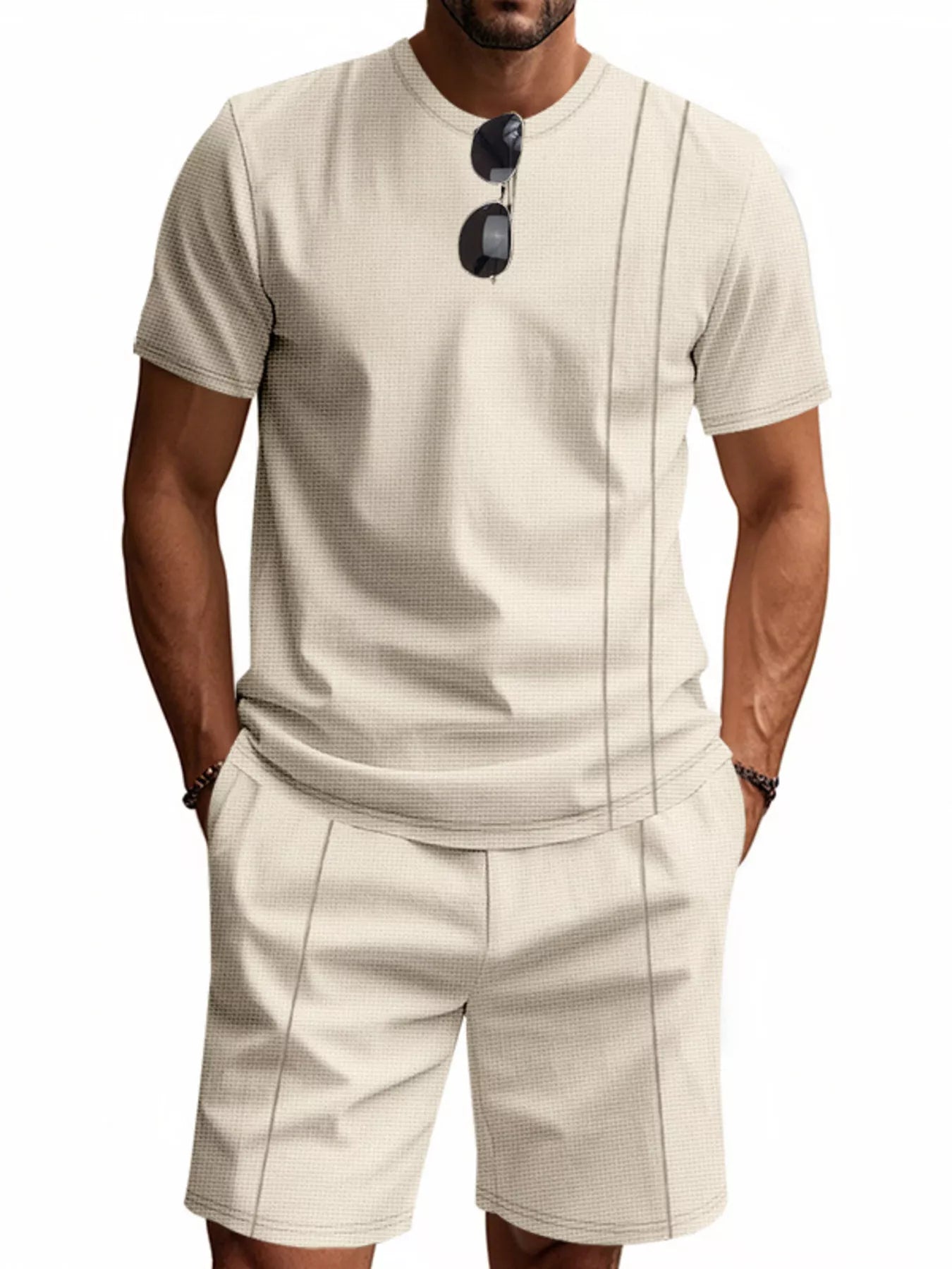 Casual Striped Short Sleeve T-Shirt and Shorts Set Plus Size in Khaki for Men