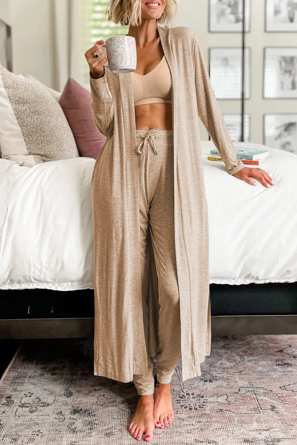 Open Front Long Sleeve Cardigan and Pants Lounge Set in Tan for Women