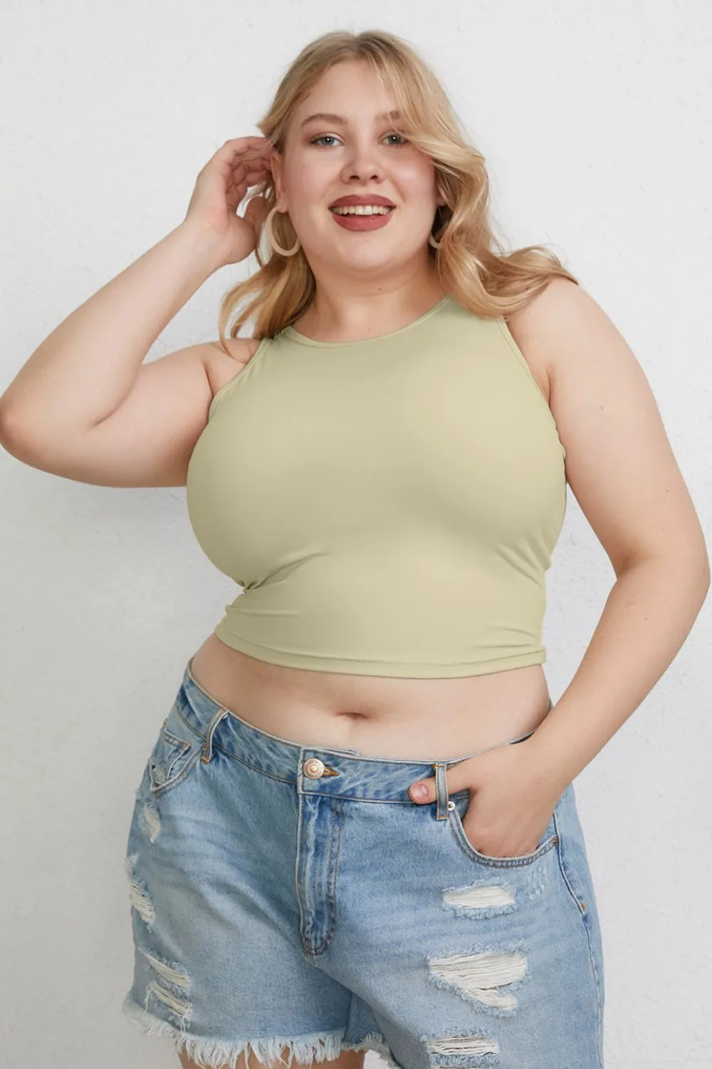 Plus Size Round Neck Slim Tank in Black in Beige for Women
