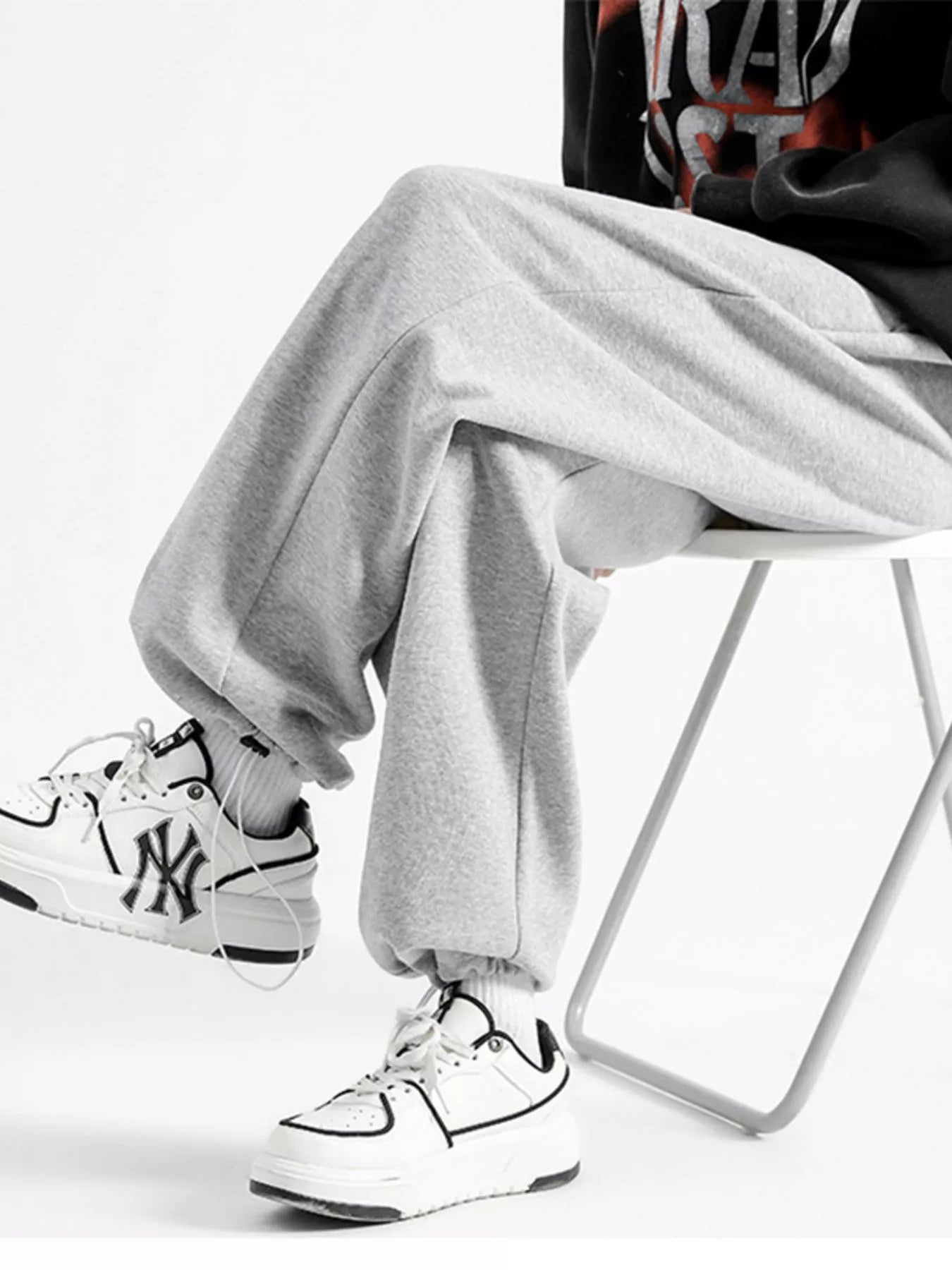Drawstring Wide Leg Pants Plus Size in Black in Light Gray for Men