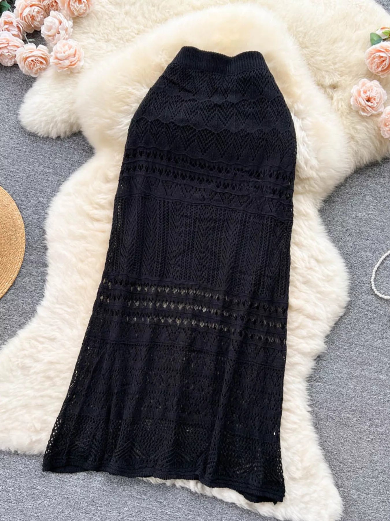 Knitted Hollow Out Maxi Skirt for Women