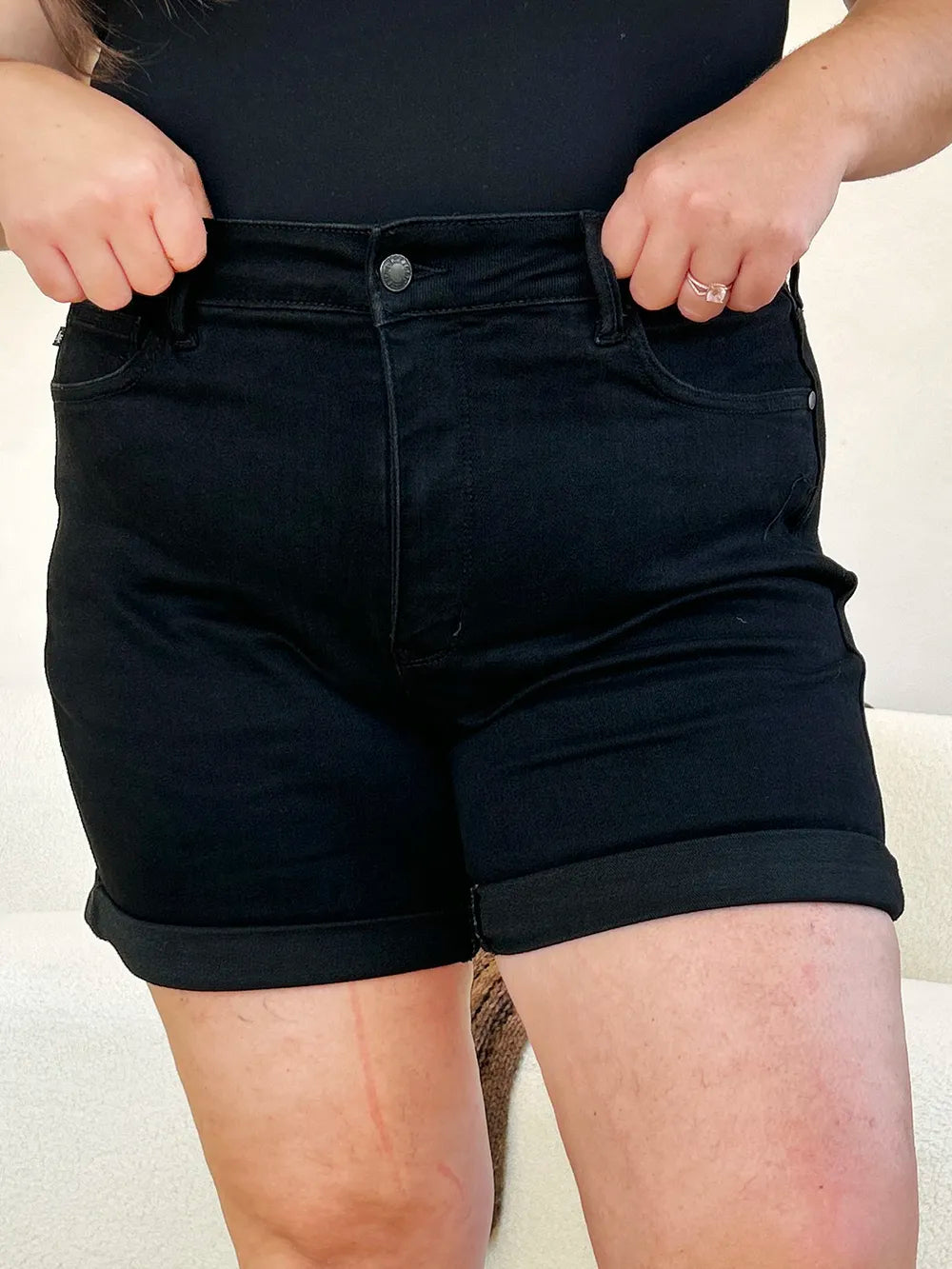 Plus Size High Waist Tummy Control Cuffed Denim Shorts for Women