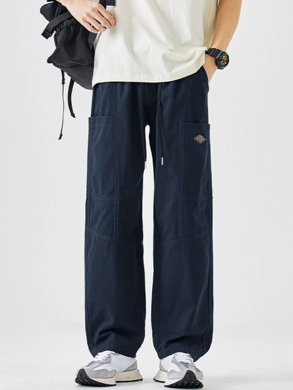 Plus Size Casual Wide-Leg Drawstring Pants in Black for Men