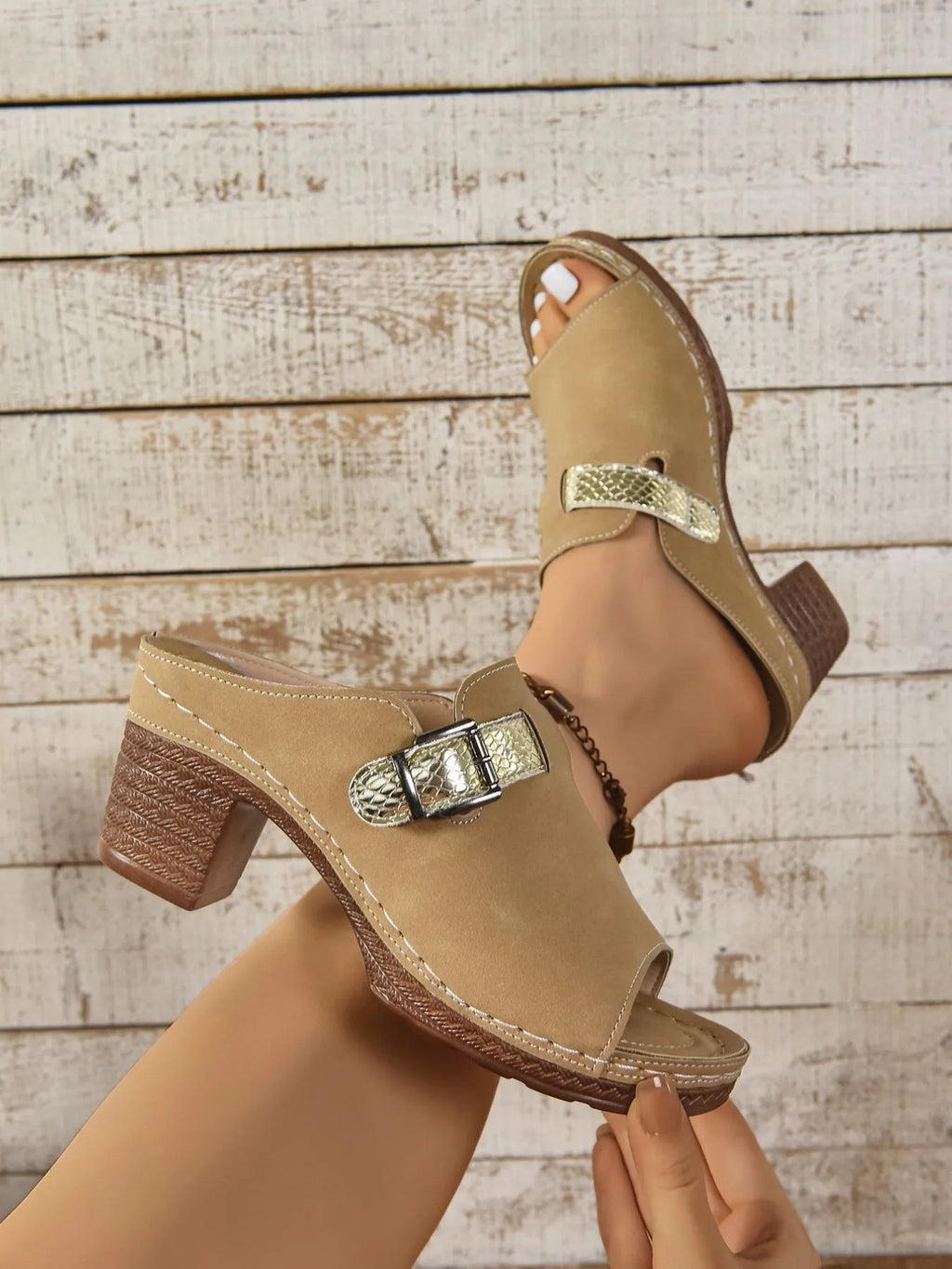 Buckle Block Heel Sandals in Light Brown for Women