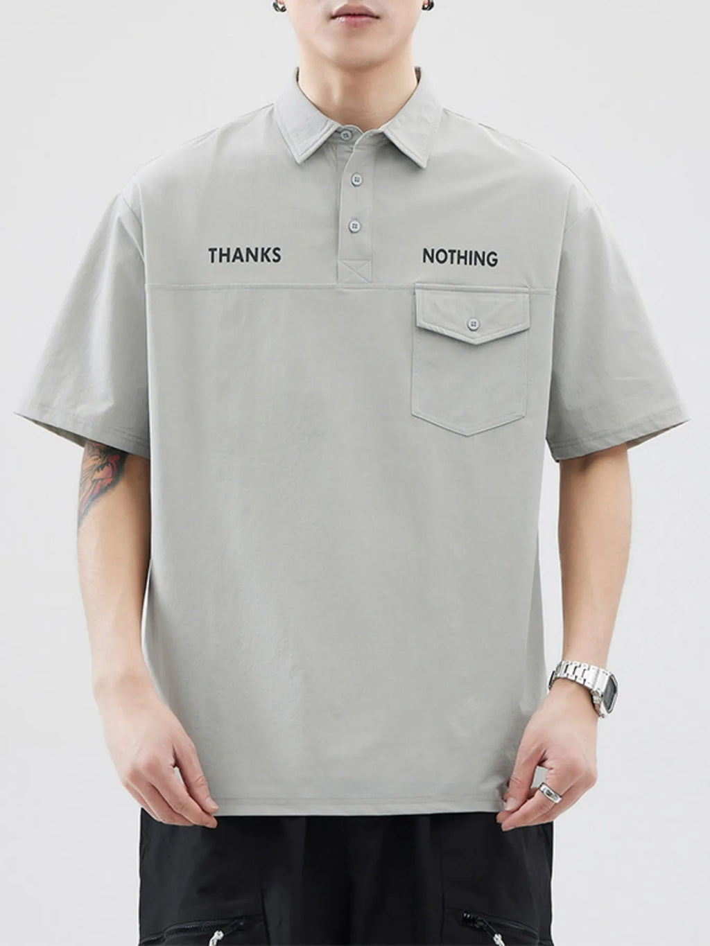 Plus Size Button Detail Short Sleeve Polo in Black for Men