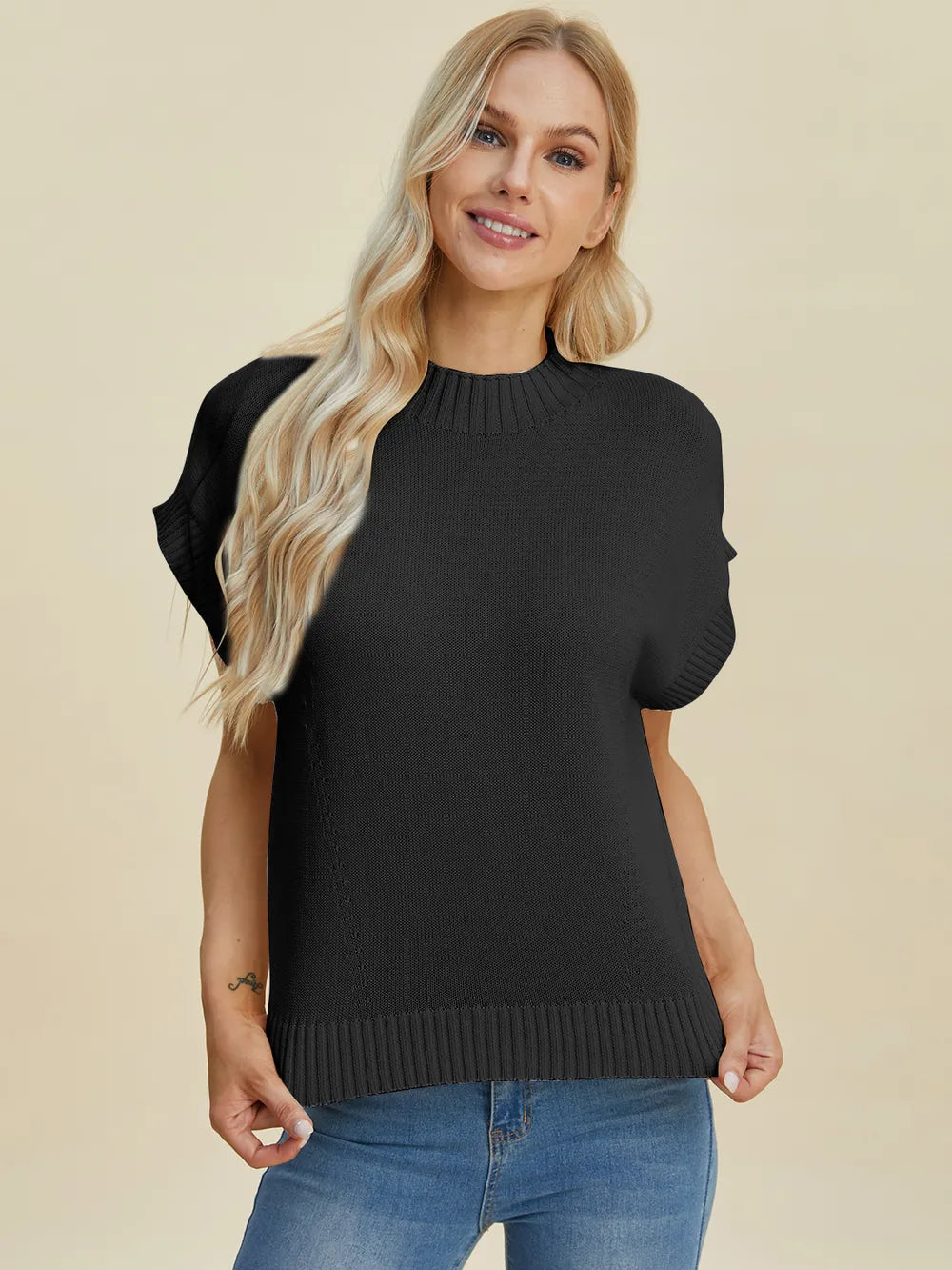 Plus Size Mock Neck Short Sleeve Sweater in Purple for Women